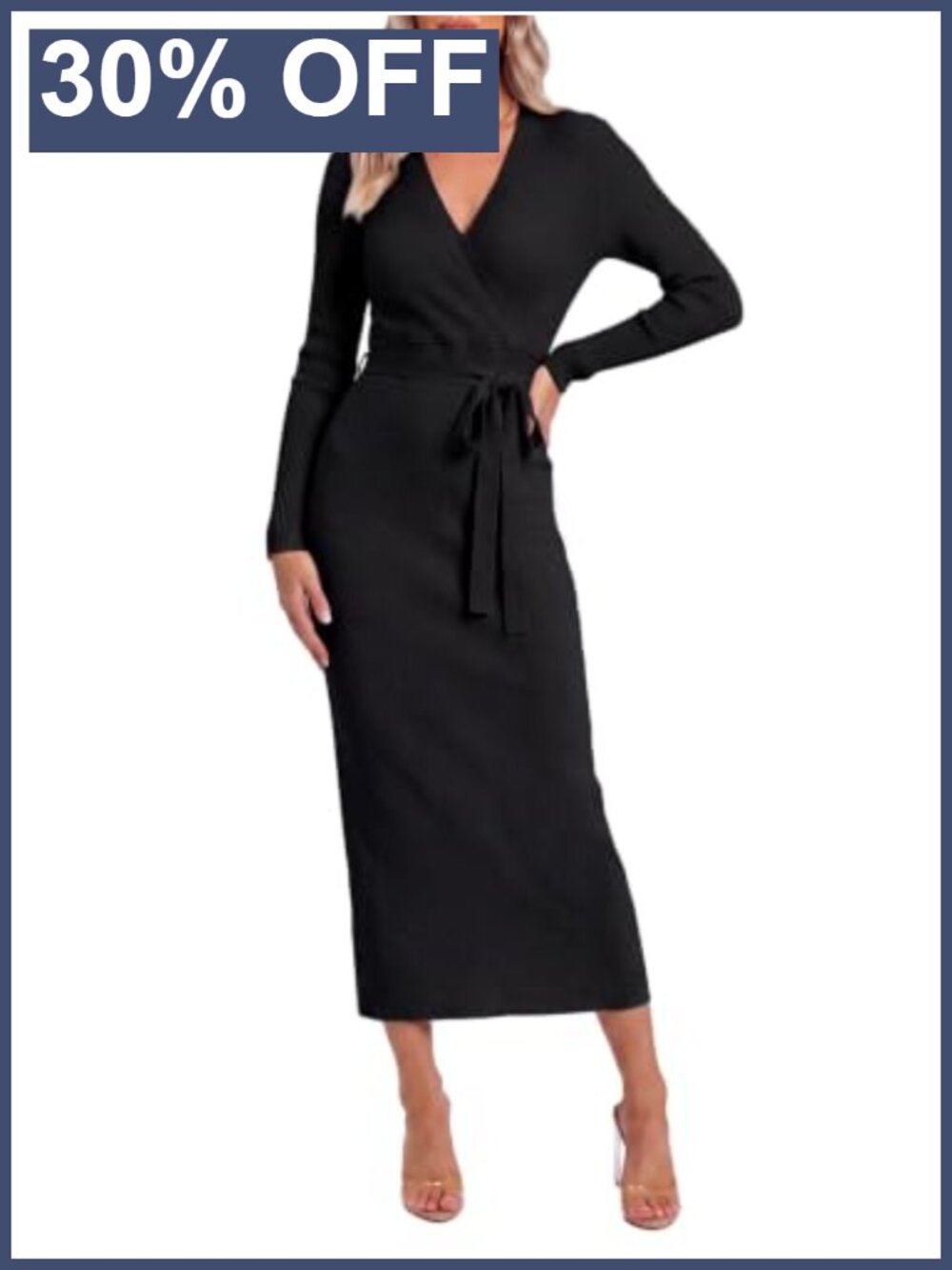 Ribbed Knit Long Sleeve V Neck Midi Sweater Dress with Tie Waist Belt